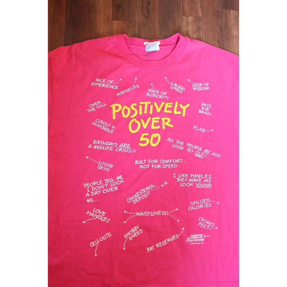 Vintage 90s Over 50 Birthday Novelty Pink Puff Print Funny Tee Shirt Size XL